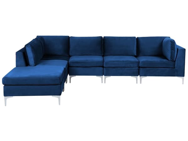 Hjørnesofa Blå Velour Forkromet Metalben 5 Personers Designer Blød Moderne Sofa med Fodskammel til Stue Modulsofa Indretning Høj Kvalitet
