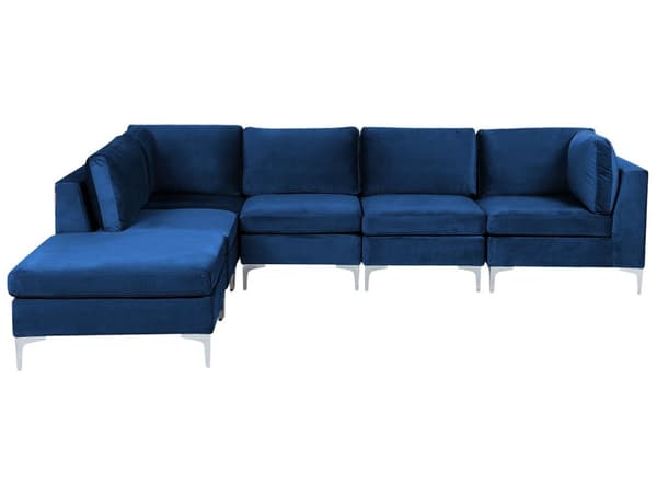 Hjørnesofa Blå Velour Forkromet Metalben 5 Personers Designer Blød Moderne Sofa med Fodskammel til Stue Modulsofa Indretning Høj Kvalitet