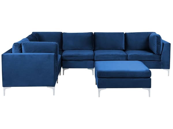Hjørnesofa Blå Velour Forkromet Metalben 6 Personers Designer Blød Moderne Sofa med Fodskammel til Stue Modulsofa Indretning Høj Kvalitet