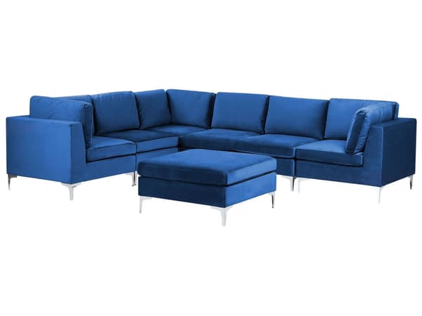 Hjørnesofa Blå Velour Forkromet Metalben 6 Personers Designer Blød Moderne Sofa med Fodskammel til Stue Modulsofa Indretning Høj Kvalitet