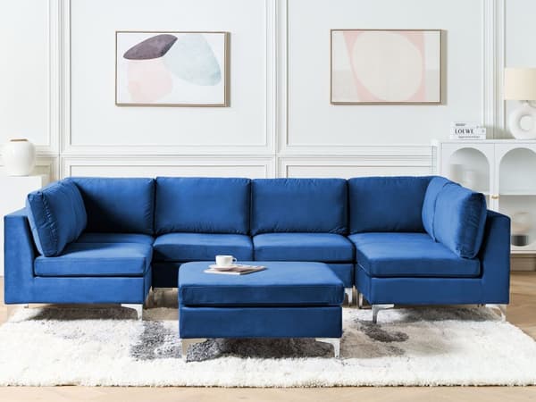 U Sofa Blå Velour Forkromet Metalben 6 Personers Designer Blød Klassisk Sofa Moderne Modulsofa til Stue Indretning Høj Kvalitet