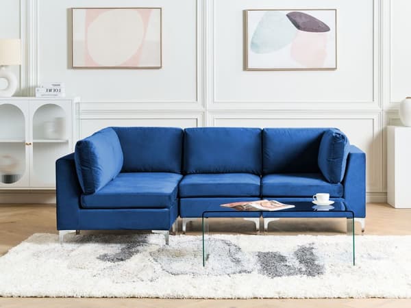 Hjørnesofa Blå Velour Forkromet Metalben 4 Personers Designer Blød Moderne Sofa til Stue Modulsofa Indretning Høj Kvalitet