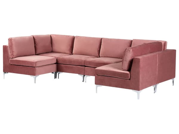 Sofa Rosa Fløyel 6-seter Metallben Modulsofa U-form Glamorøs stil Moderne Stue