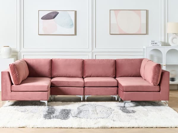 Sofa Rosa Fløyel 6-seter Metallben Modulsofa U-form Glamorøs stil Moderne Stue