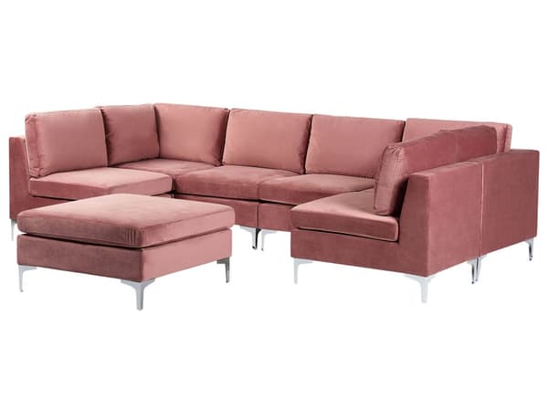 Sofa med fotskammel Rosa Fløyel 6-seter Metallben Modulsofa U-form Glamorøs stil Moderne Stue