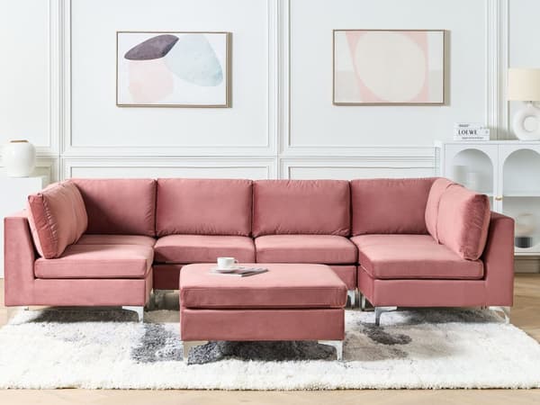 Sofa med fotskammel Rosa Fløyel 6-seter Metallben Modulsofa U-form Glamorøs stil Moderne Stue