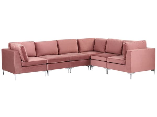 Hjørnesofa Rosa Fløyel 6-seter Metallben Modulsofa L-form Venstrevendt Glamorøs stil Moderne Stue