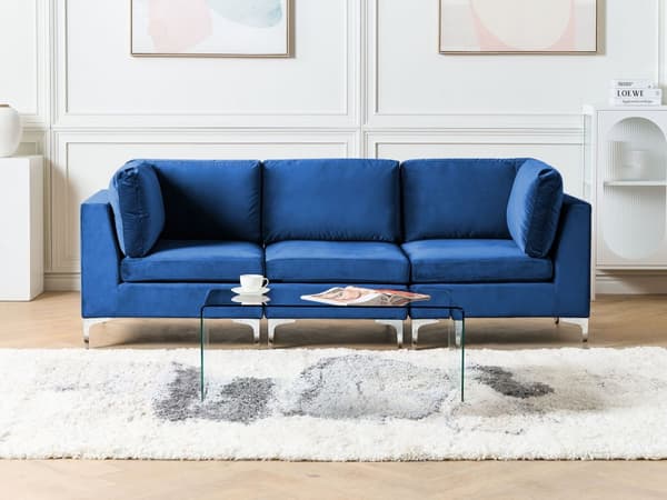 Sofa Fløyel Blå 3-seter Sølv metallben Modulsofa Glamorøs stil Moderne Stue