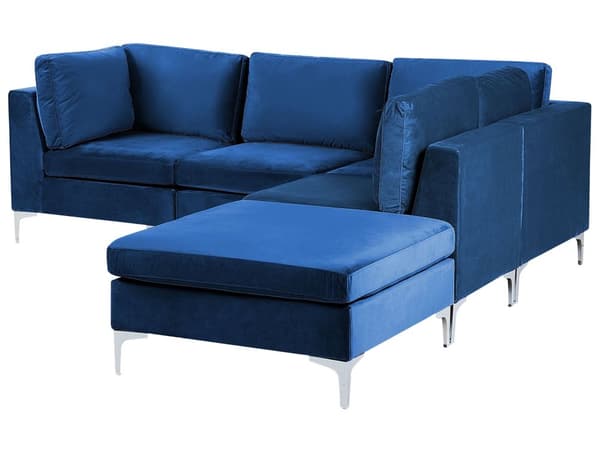 Hjørnesofa Blå Fløyel 4-seter Fotskammel Sølv metallben Modulsofa L-form Venstrevendt Glamorøs stil Moderne Stue