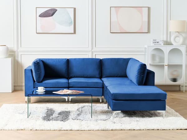 Hjørnesofa Blå Fløyel 4-seter Fotskammel Sølv metallben Modulsofa L-form Venstrevendt Glamorøs stil Moderne Stue