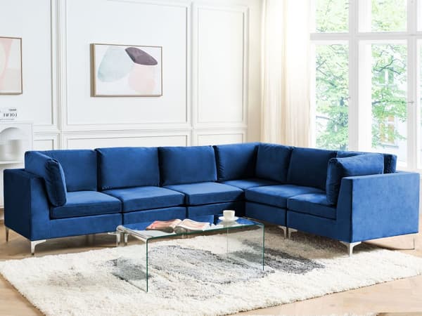 Hjørnesofa Blå Fløyel 6-seter Sølv metallben Modulsofa L-form Venstrevendt Glamorøs stil Moderne Stue