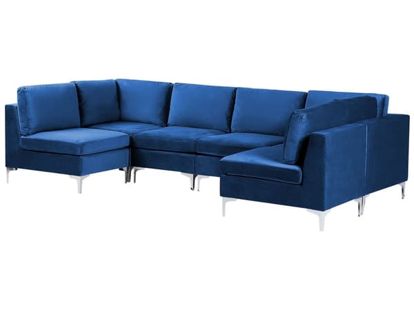 Sofa Fløyel Blå 6-seter U-form Sølv metallben Modulsofa Glamorøs stil Moderne Stue