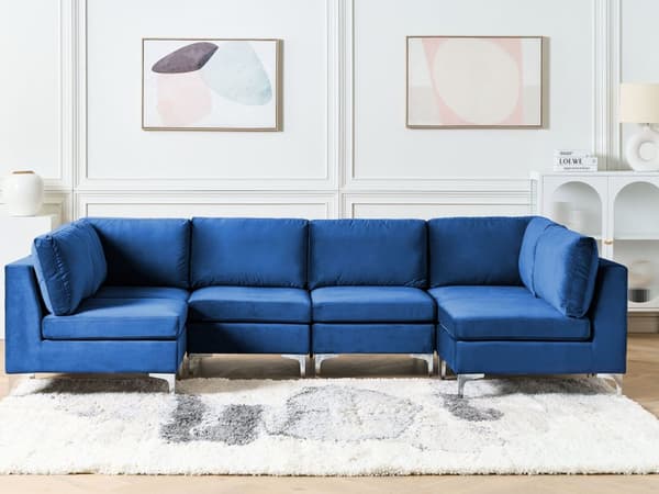 Sofa Fløyel Blå 6-seter U-form Sølv metallben Modulsofa Glamorøs stil Moderne Stue