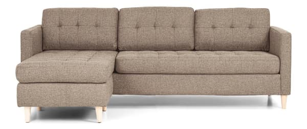 Marino sofa, sjeselong høyre eller venstrevent i stoff lysebrun, med treben.