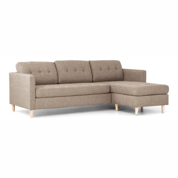 Marino sofa, sjeselong høyre eller venstrevent i stoff lysebrun, med treben.