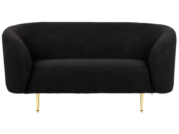 Sohva musta bukleekangas verhoiltu kultaiset rautajalat kahdelle pörröinen kaareva perinteinen glamour tyyli