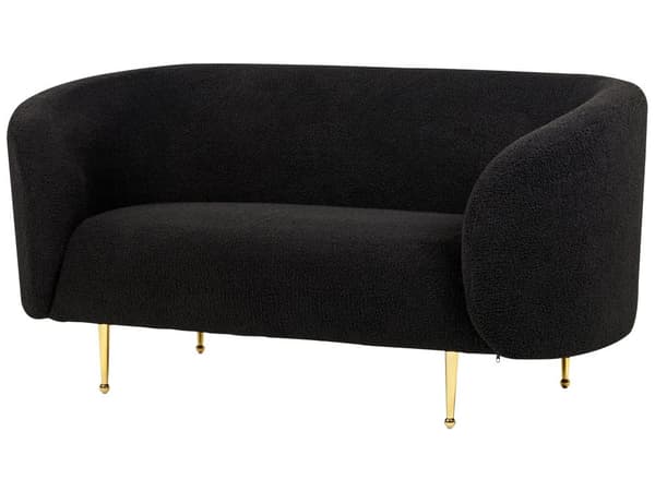Sohva musta bukleekangas verhoiltu kultaiset rautajalat kahdelle pörröinen kaareva perinteinen glamour tyyli