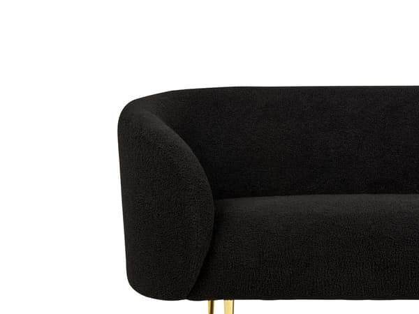 Sohva musta bukleekangas verhoiltu kultaiset rautajalat kahdelle pörröinen kaareva perinteinen glamour tyyli
