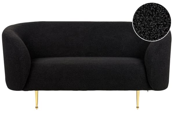 Sohva musta bukleekangas verhoiltu kultaiset rautajalat kahdelle pörröinen kaareva perinteinen glamour tyyli