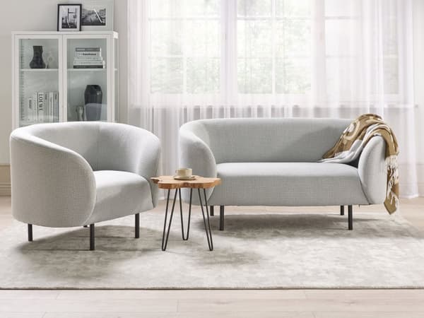 Soffgrupp Svart och Vit Boucle Tyg Mjuk Nubby Svarta Ben Retro Glam Art Decor Style