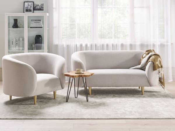 Soffa Beige Polyestertyg 2-sits Mjuk Nubby Guld Ben Retro Glam Art Decor Style