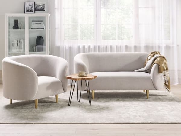 Soffa Beige Polyestertyg 2-sits Mjuk Nubby Guld Ben Retro Glam Art Decor Style