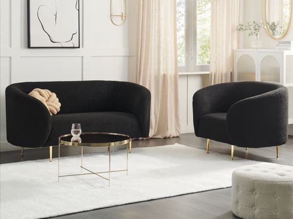 Soffgrupp Svart Boucle Tyg Mjuk Noppig Guld Ben Retro Glam Art Déco Design Vardagsrum Bibliotek