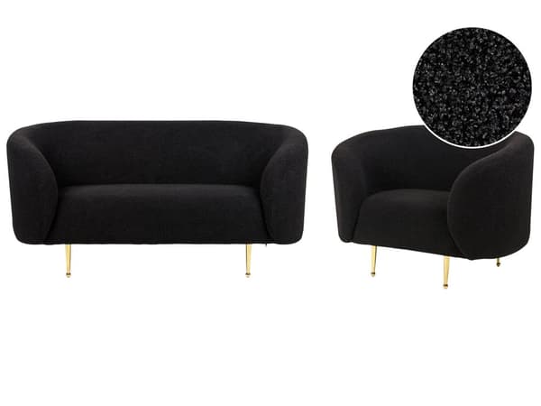 Soffgrupp Svart Boucle Tyg Mjuk Noppig Guld Ben Retro Glam Art Déco Design Vardagsrum Bibliotek