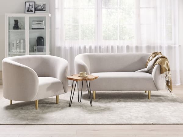 Stue Sæt Beige Polyester Stof Bløde Guldben 2-personers Sofa Lænestol Retro Glamourøs Stil