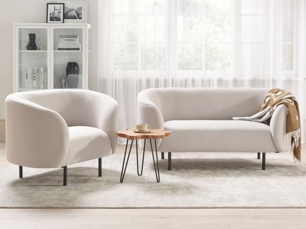 Stuesett Beige Polyester Boucle Stoff Gull Glamour 3-seters Sofa Lenestol Retro Glam Art Decor Stil