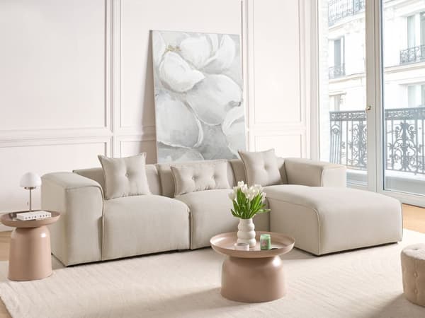 Hjørnesofa Beige Polyester og Skum 3 Personers Blød Rund Flyder Sofa med Bred Chaiselong Open End Pyntepuder Tilbehør Moderne Stue Indretning