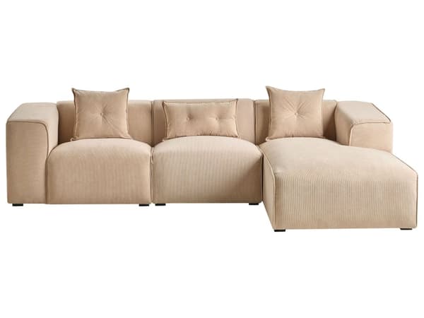 Hjørnesofa beige fløjl 3-personers venstre hånd ekstra spredte hynder moderne stue
