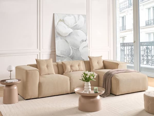 Hjørnesofa beige fløjl 3-personers venstre hånd ekstra spredte hynder moderne stue