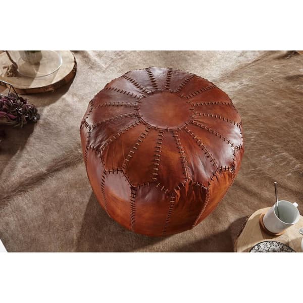 Rootz Pouf - Nahkapussi - Aitoa nahkaa - Jakkara - Verhoiltu täkki - Pyöreä pussi - 52 x 40 x 52 cm - Ruskea