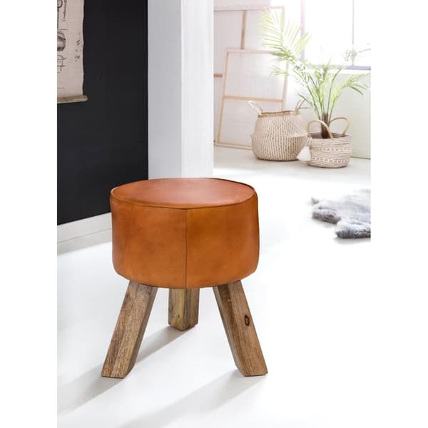 Rootz Pall - Pall - Hocker - Puff - Getskinn - Handgjord - Mangoträ - 37x45x37 cm - Rund - Brun