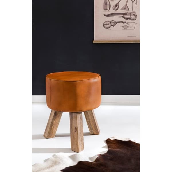 Rootz Pall - Pall - Hocker - Puff - Getskinn - Handgjord - Mangoträ - 37x45x37 cm - Rund - Brun