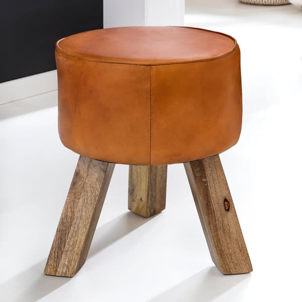 Rootz Pall - Pall - Hocker - Puff - Getskinn - Handgjord - Mangoträ - 37x45x37 cm - Rund - Brun
