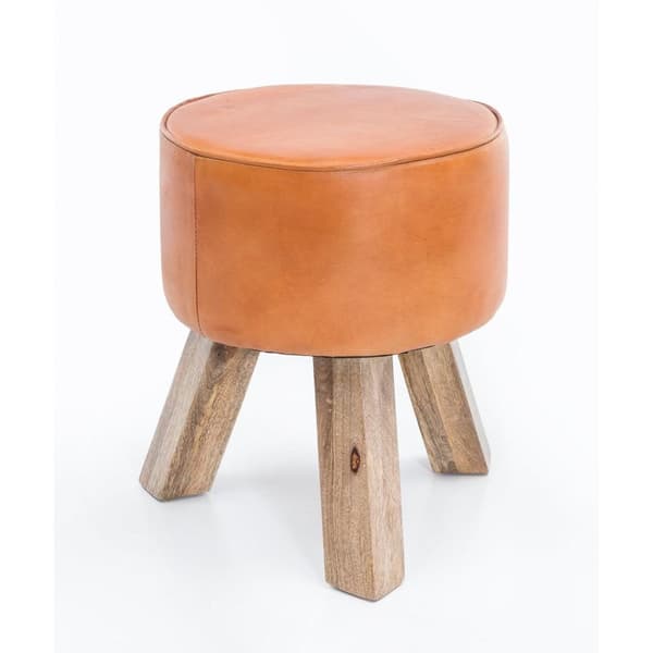 Rootz-jakkara - Jakkara - Hocker - Pouf - Vuohennahka - Käsintehty - Mangopuu - 37x45x37 cm - Pyöreä - Ruskea