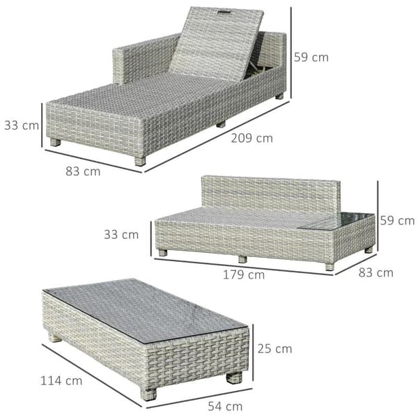 Rootz Polyrattan Havemøbelsæt - Havesæt - Loungesæt - Loungemøbel med sidebord - Hynder - Grå/Beige - 209W x 83D x 59H cm