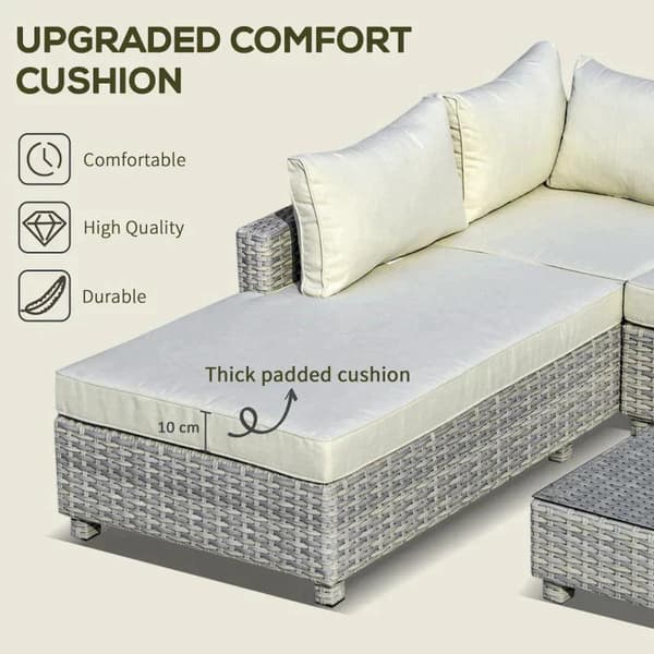 Rootz Polyrattan Havemøbelsæt - Havesæt - Loungesæt - Loungemøbel med sidebord - Hynder - Grå/Beige - 209W x 83D x 59H cm