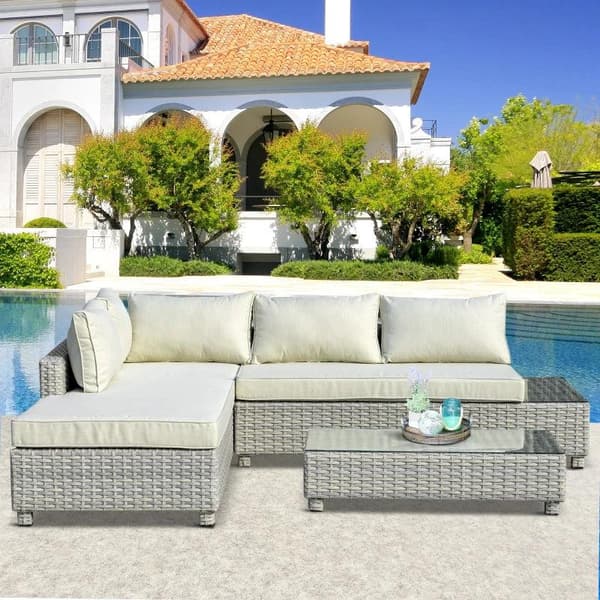 Rootz Polyrattan Havemøbelsæt - Havesæt - Loungesæt - Loungemøbel med sidebord - Hynder - Grå/Beige - 209W x 83D x 59H cm