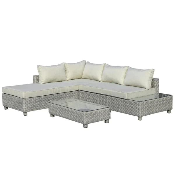 Rootz Polyrattan Havemøbelsæt - Havesæt - Loungesæt - Loungemøbel med sidebord - Hynder - Grå/Beige - 209W x 83D x 59H cm