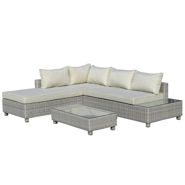 Rootz Polyrattan Havemøbelsæt - Havesæt - Loungesæt - Loungemøbel med sidebord - Hynder - Grå/Beige - 209W x 83D x 59H cm