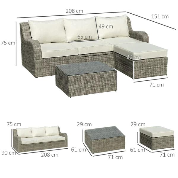 Rootz Polyrattan Havemøbelsæt - Havemøbler - Havesæt - Loungesæt - Loungemøbler med sidebord - Aluminiumshynder - Lysegrå/beige - 208L x 90W x 75H cm