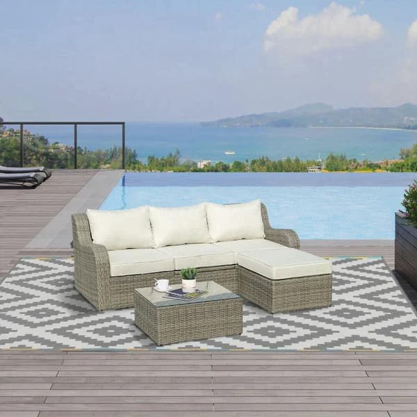 Rootz Polyrattan Havemøbelsæt - Havemøbler - Havesæt - Loungesæt - Loungemøbler med sidebord - Aluminiumshynder - Lysegrå/beige - 208L x 90W x 75H cm