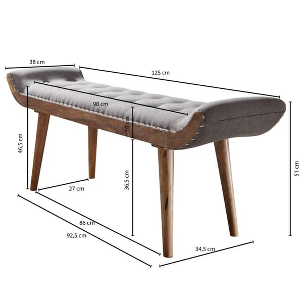 Rootz penkkikangas - massiivipuinen penkki harmaa 125x51x38 cm Chesterfield design - Eteisen verhoiltu penkki - Kangaspenkki sänky penkki 2 henkilöä -
