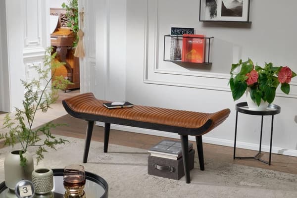 Rootz bænk ægte læder - massiv træ bænk brun 125x51x38 cm moderne - Design polstret bænk gang Læder bænk sengebænk 2 personer - Hall bænk moderne