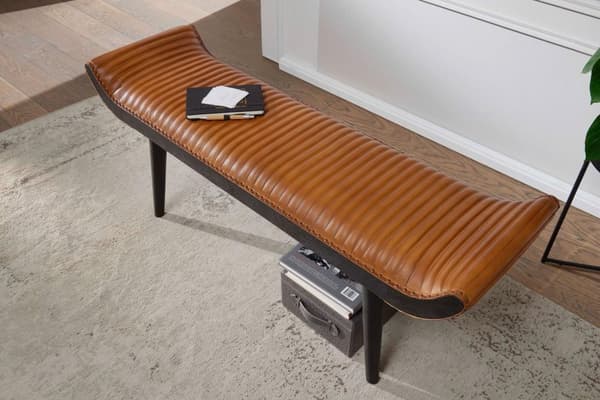 Rootz bænk ægte læder - massiv træ bænk brun 125x51x38 cm moderne - Design polstret bænk gang Læder bænk sengebænk 2 personer - Hall bænk moderne