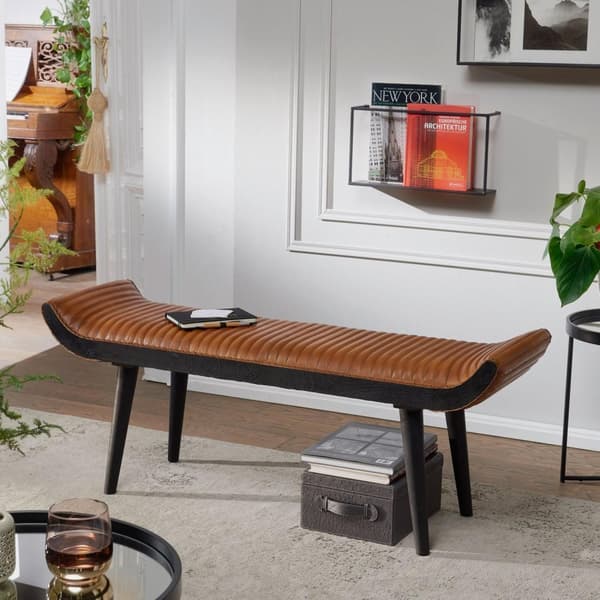 Rootz bænk ægte læder - massiv træ bænk brun 125x51x38 cm moderne - Design polstret bænk gang Læder bænk sengebænk 2 personer - Hall bænk moderne