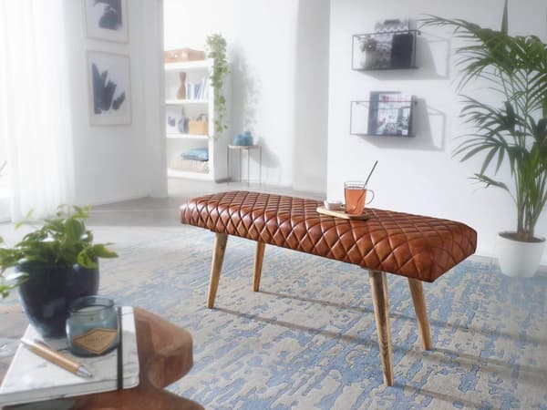 Rootz bänk äkta läder - massivt trä bänk 115x53x38 cm - 2 sits klädd bänk hall matsal brun - Liten läder sängbänk Hall möbel hall bänk
